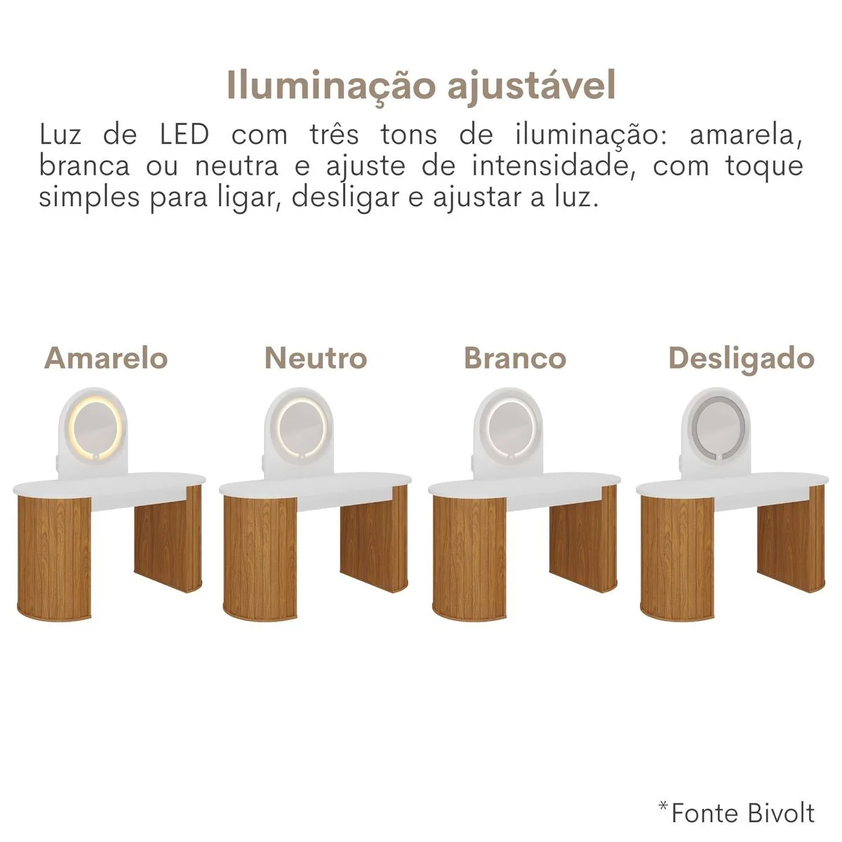 Escrivaninha Penteadeira com LED Glamour - Freijó C / Branco - Móveis Curitiba | Moveirama