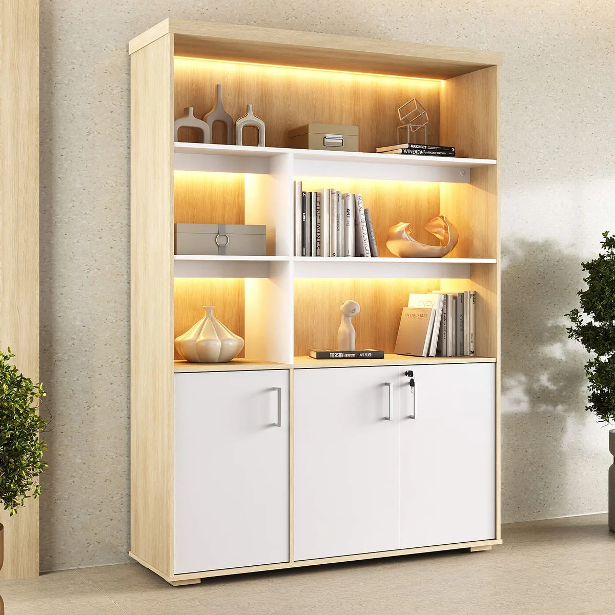 Estante com Led na cor Carvalho/Branco