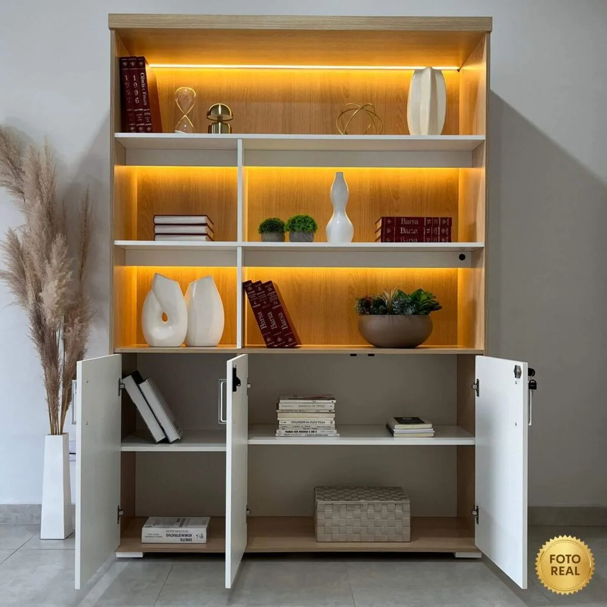 Estante com Led - Carvalho/Branco - Móveis Curitiba | Moveirama