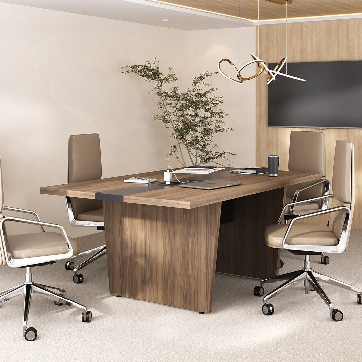 Mesa de Reunião Modular Y37 na cor Nogal/Preto