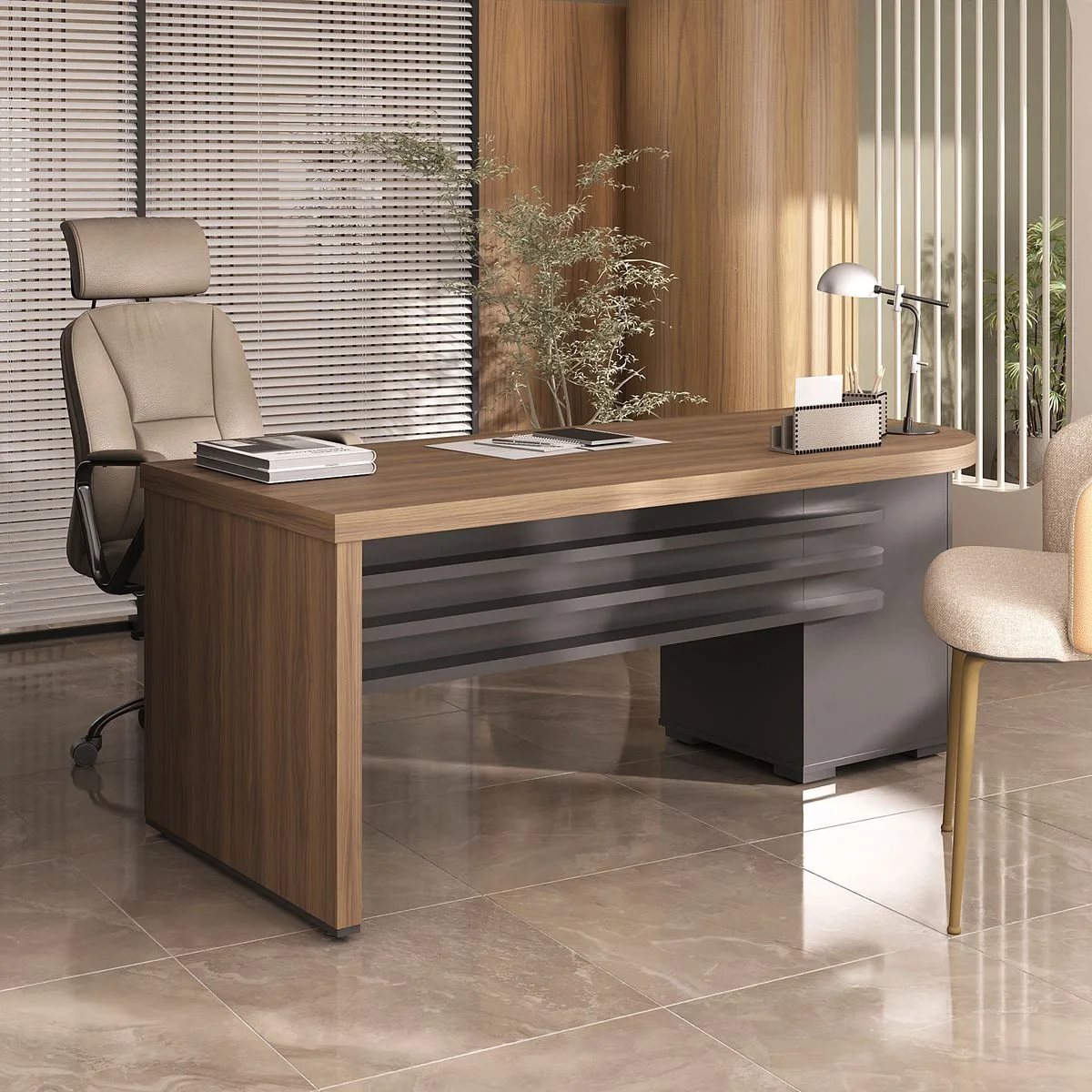 Mesa Tamburato com Gavetas LE na cor Nogal/Preto