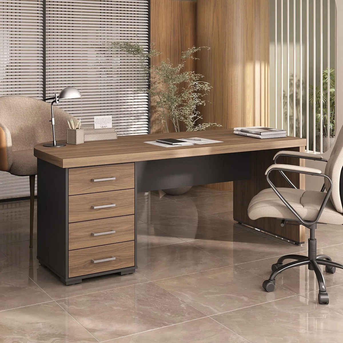 Mesa Tamburato com Gavetas LE - Nogal/Preto - 2 - Móveis Curitiba | Moveirama