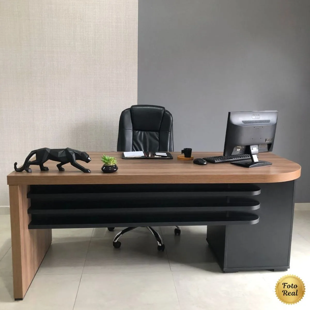 Mesa Tamburato com Gavetas LE - Nogal/Preto - 4 - Móveis Curitiba | Moveirama